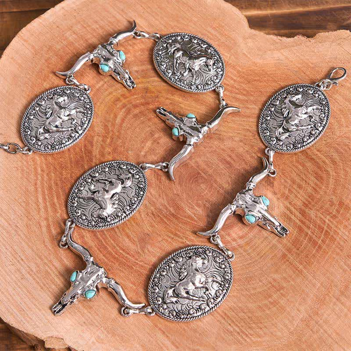 Ceinture Concho Western en fausse turquoise pour femme avec tête de taureau