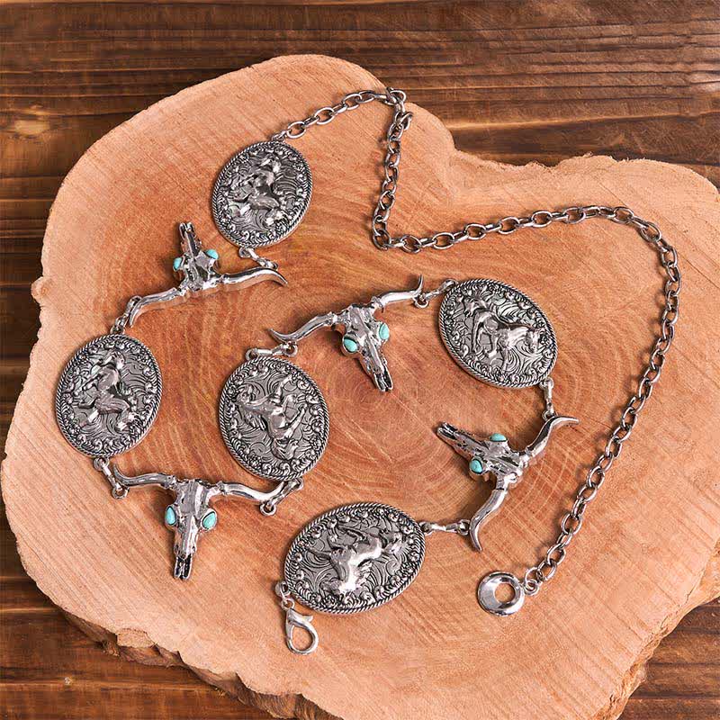 Ceinture Concho Western en fausse turquoise pour femme avec tête de taureau
