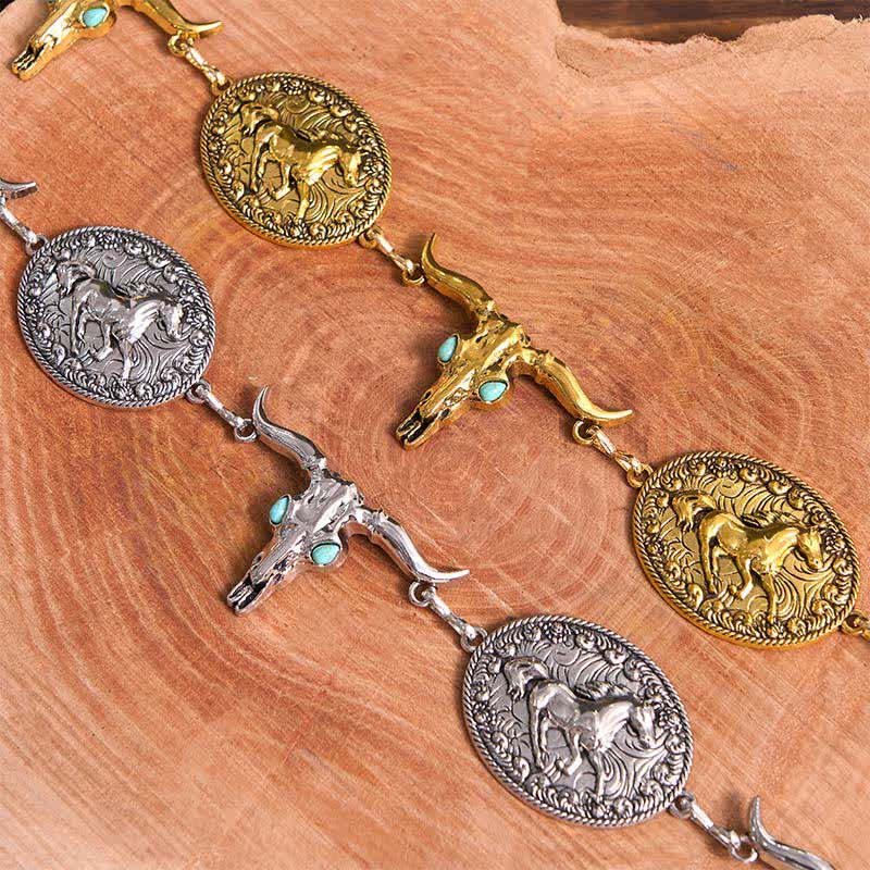 Ceinture Concho Western en fausse turquoise pour femme avec tête de taureau