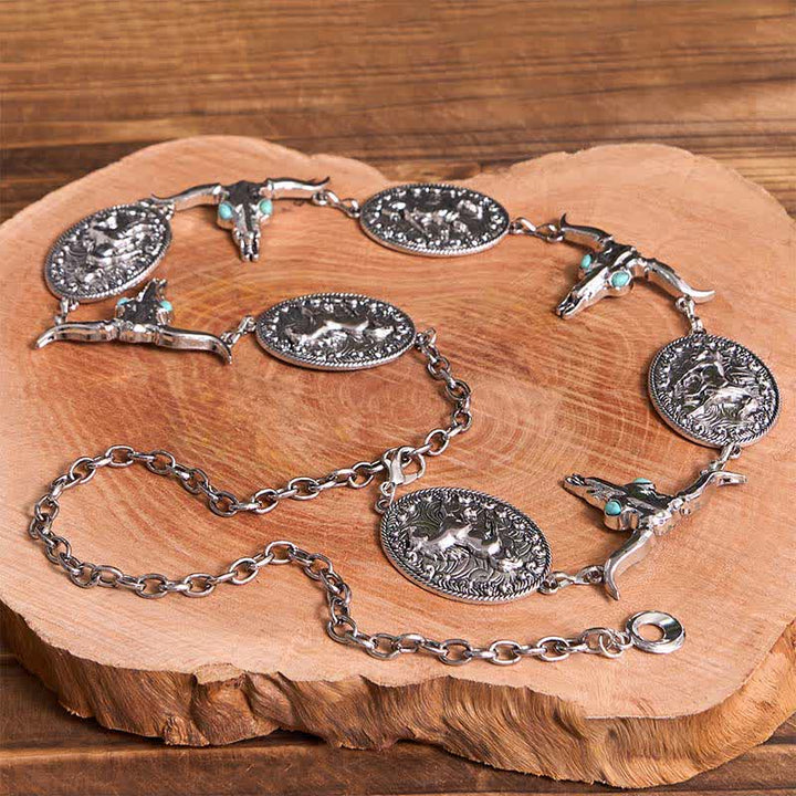 Ceinture Concho Western en fausse turquoise pour femme avec tête de taureau