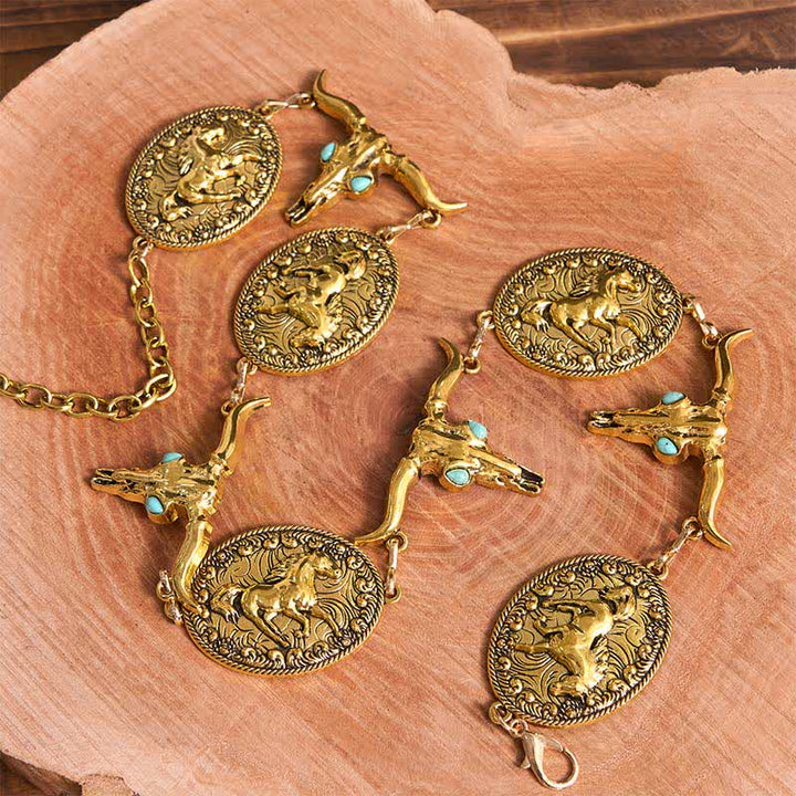 Ceinture Concho Western en fausse turquoise pour femme avec tête de taureau
