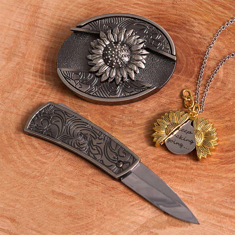 Ensemble de colliers et boucles de ceinture à couteau caché argentés à faire soi-même, thème tournesol