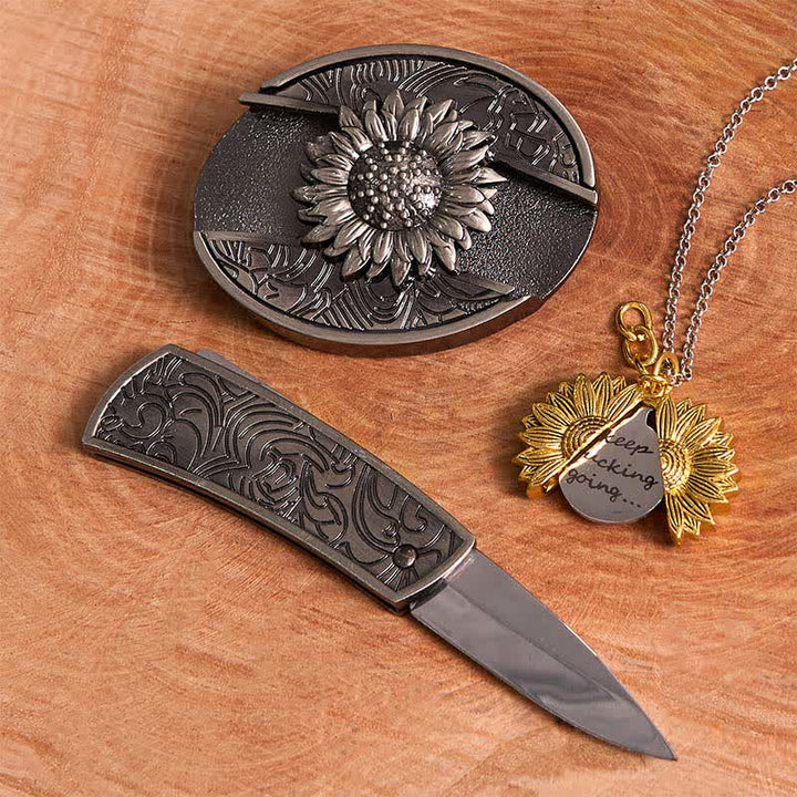 Ensemble de colliers et boucles de ceinture à couteau caché argentés à faire soi-même, thème tournesol