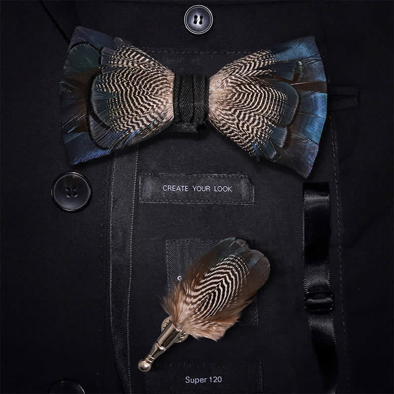 Nœud papillon en plumes de canard colvert bleu et blanc pour enfant avec épingle à revers