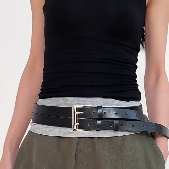 Ceinture en cuir noir à double ardillon pour femme