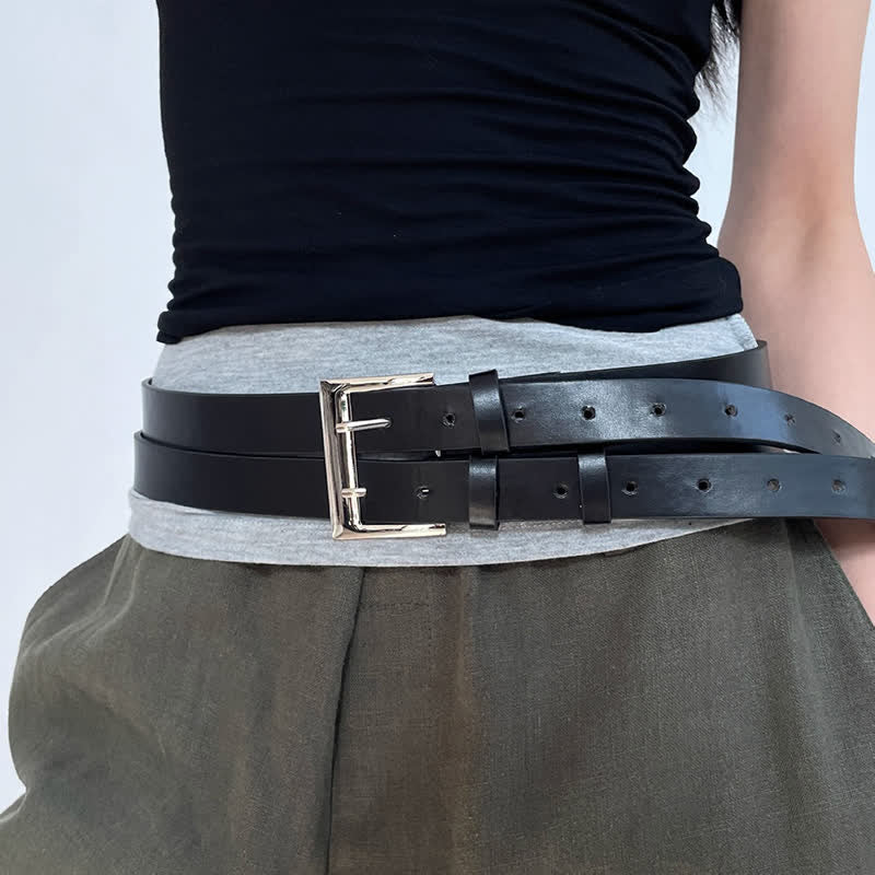 Ceinture en cuir noir à double ardillon pour femme