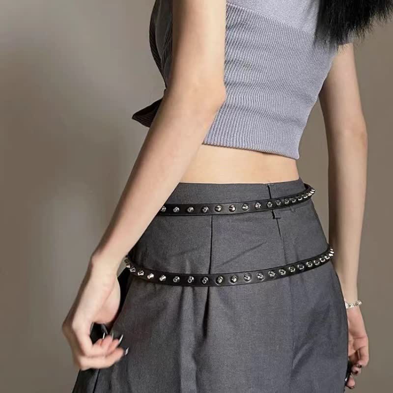 Ceinture en cuir noir extra longue à double épaisseur pour femme, style punk décontracté, rivetée