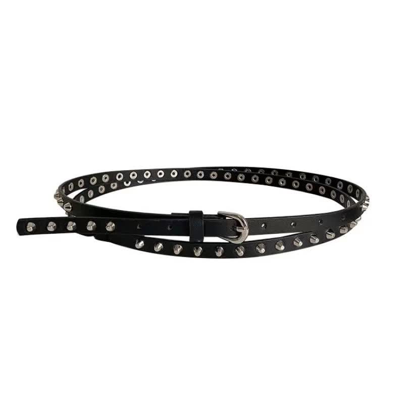 Ceinture en cuir noir extra longue à double épaisseur pour femme, style punk décontracté, rivetée
