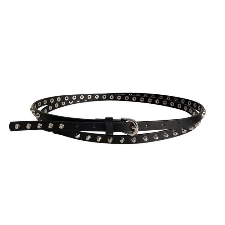 Ceinture en cuir noir extra longue à double épaisseur pour femme, style punk décontracté, rivetée
