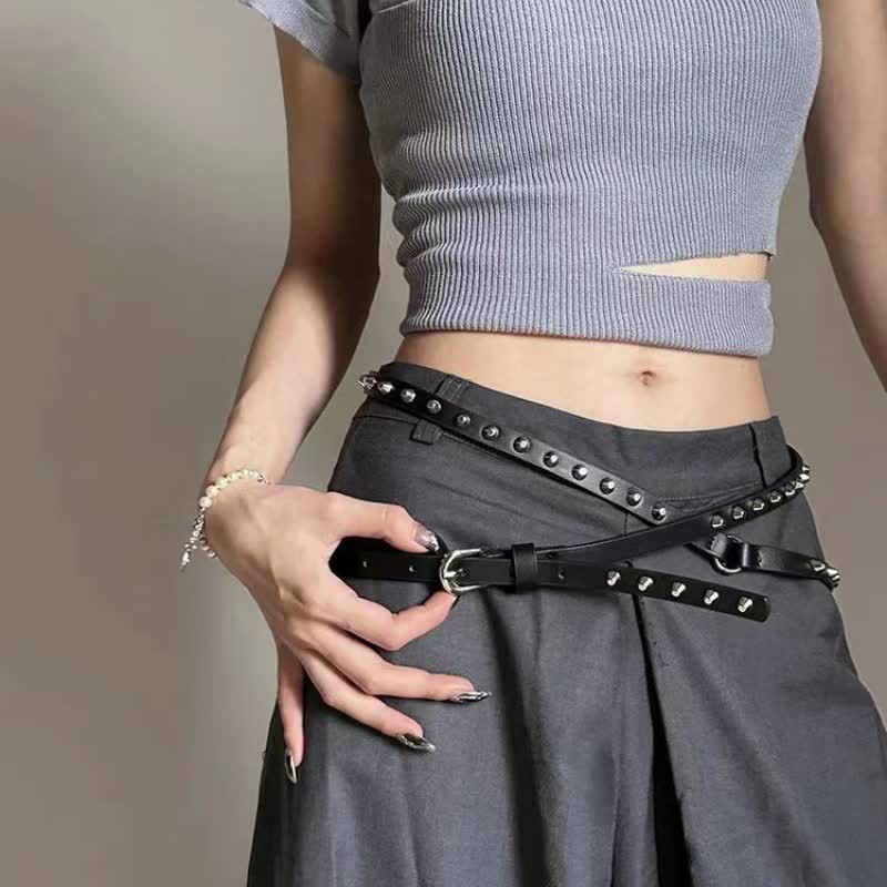 Ceinture en cuir noir extra longue à double épaisseur pour femme, style punk décontracté, rivetée