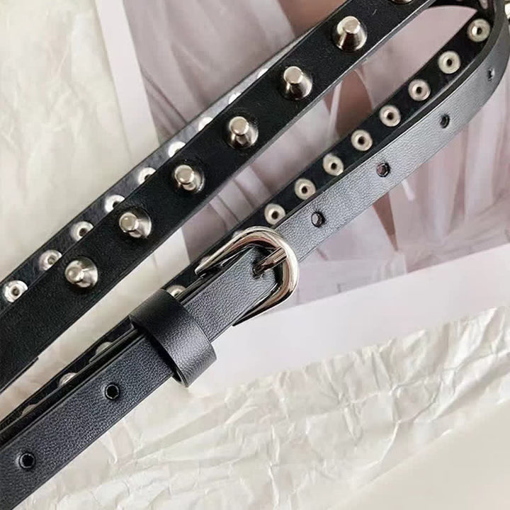 Ceinture en cuir noir extra longue à double épaisseur pour femme, style punk décontracté, rivetée