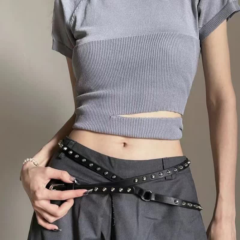 Ceinture en cuir noir extra longue à double épaisseur pour femme, style punk décontracté, rivetée