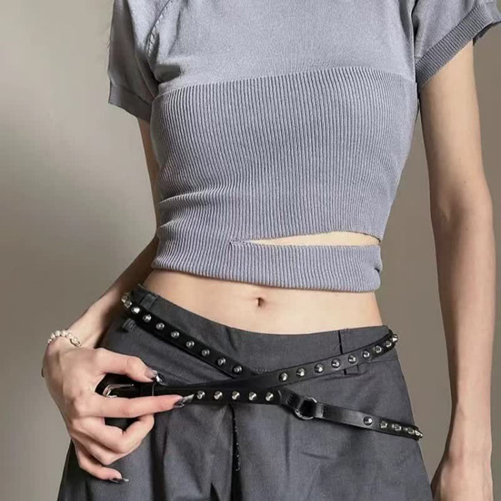 Ceinture en cuir noir extra longue à double épaisseur pour femme, style punk décontracté, rivetée