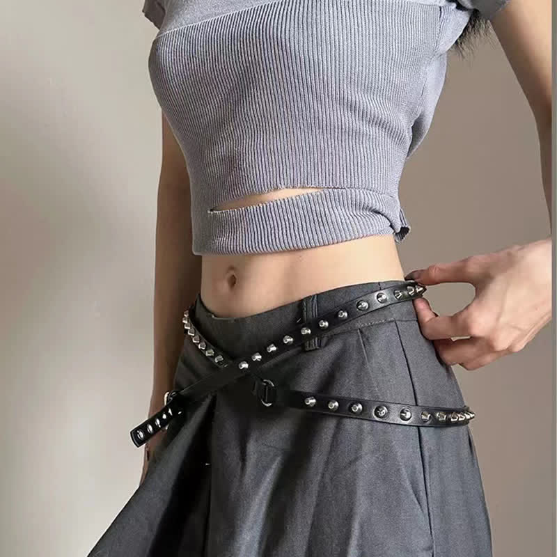 Ceinture en cuir noir extra longue à double épaisseur pour femme, style punk décontracté, rivetée