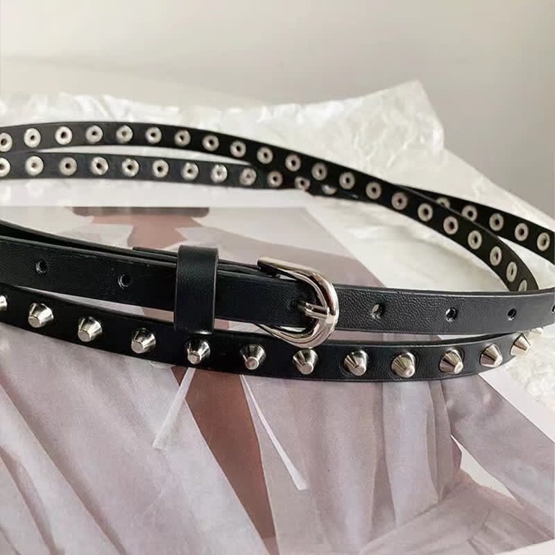 Ceinture en cuir noir extra longue à double épaisseur pour femme, style punk décontracté, rivetée