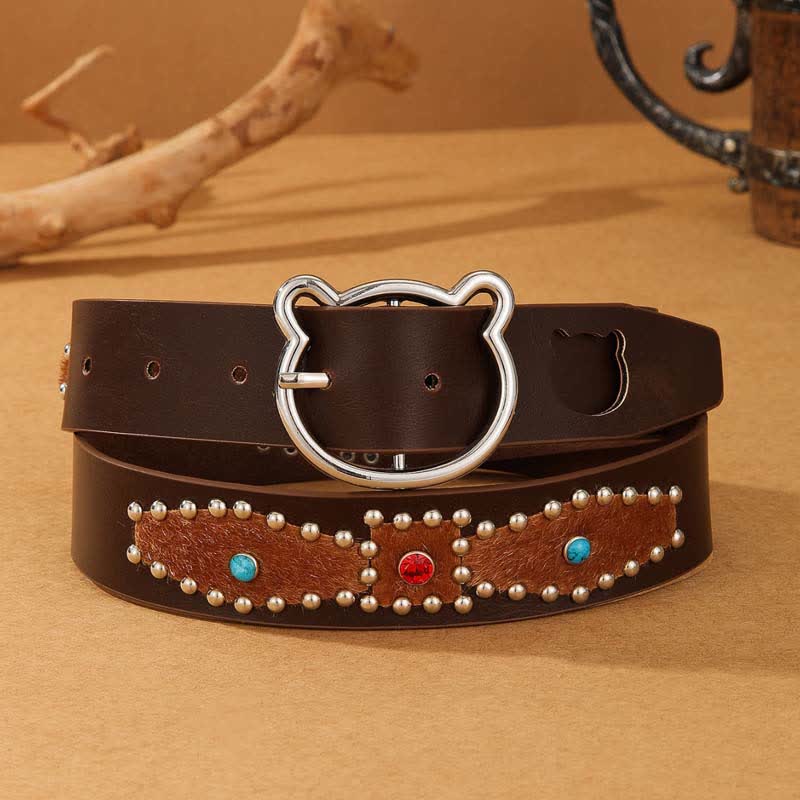 Ceinture en cuir à rivets style bohème pour femme, motif ours mignon, patchwork