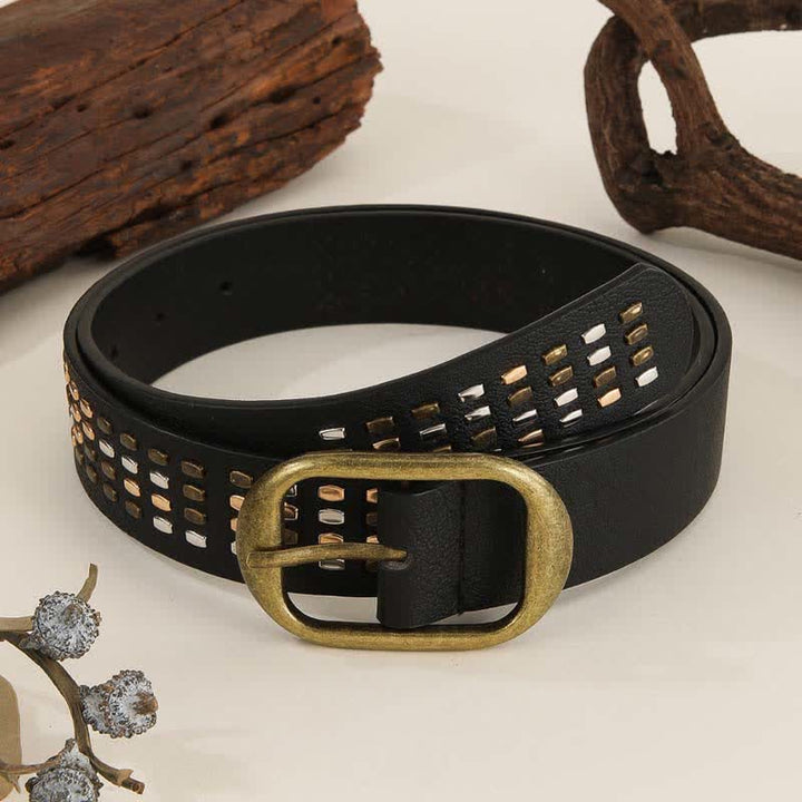Ceinture en cuir noir à rivets en métal lourd pour femme
