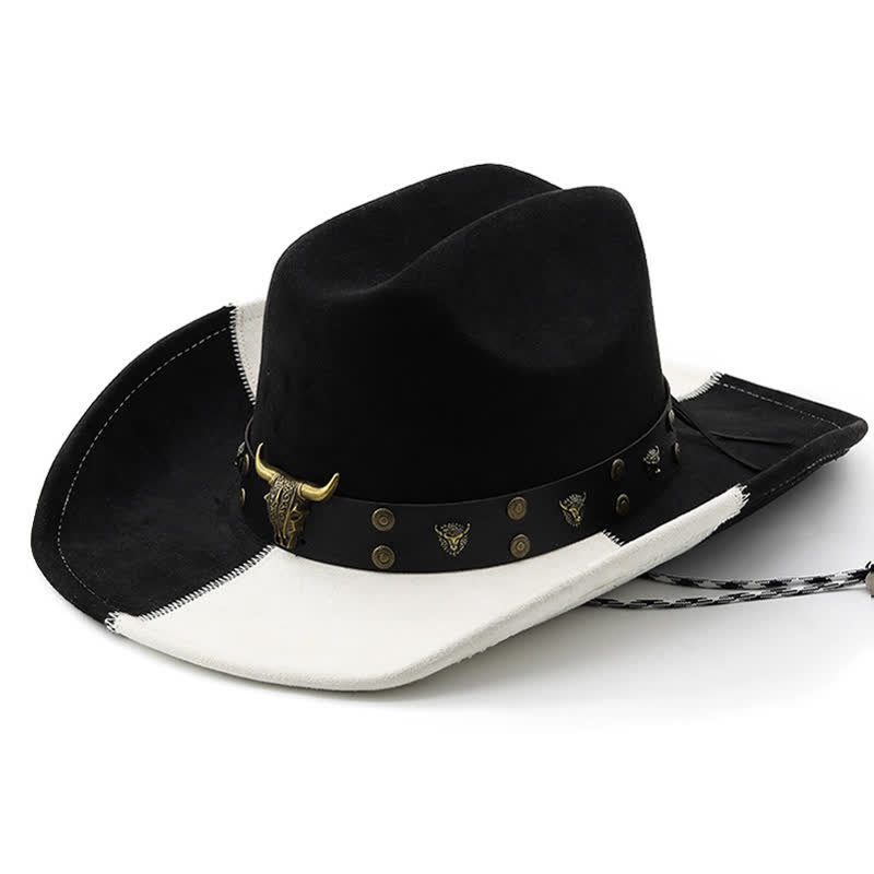 Chapeau de cowboy en similicuir noir et blanc contrasté avec rivets taureau