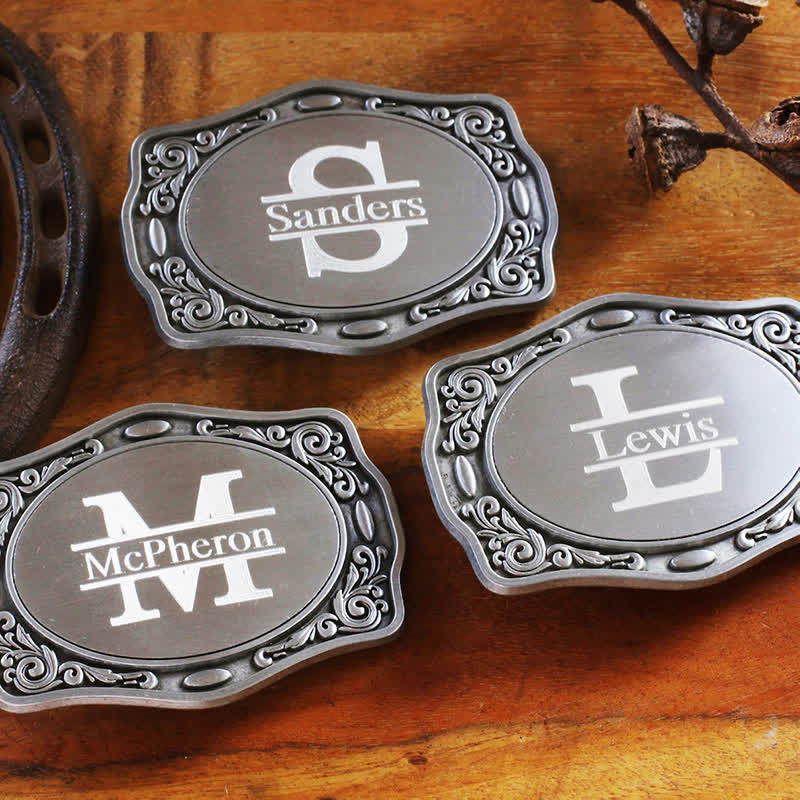 Ceinture en cuir avec boucle personnalisée en argent antique et monogramme - image 0