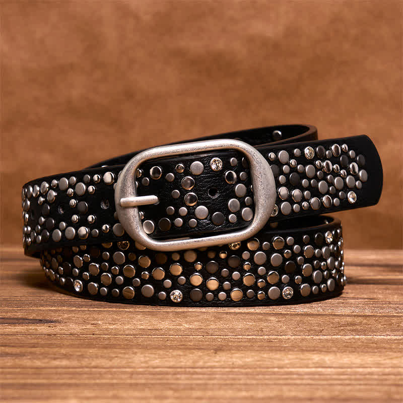 LEACOOLKEY Ceinture En Cuir Pour Femme Punk Vintage - Ceinture Cloutée Rivets Dorés