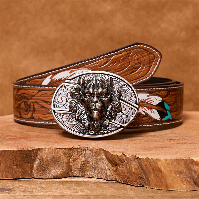 Ceinture en cuir pour homme avec couteau pliant caché et insigne de lion