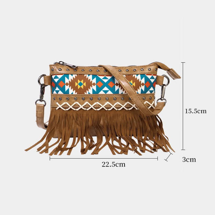Sac bandoulière à franges aztèque bleu à motif western pour femme