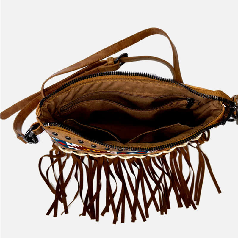 Sac bandoulière à franges aztèque bleu à motif western pour femme