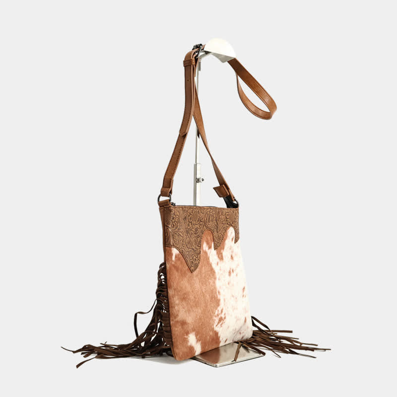 Sac bandoulière bohème à franges imprimé vache pour femme