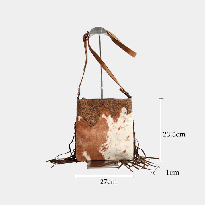 Sac bandoulière bohème à franges imprimé vache pour femme