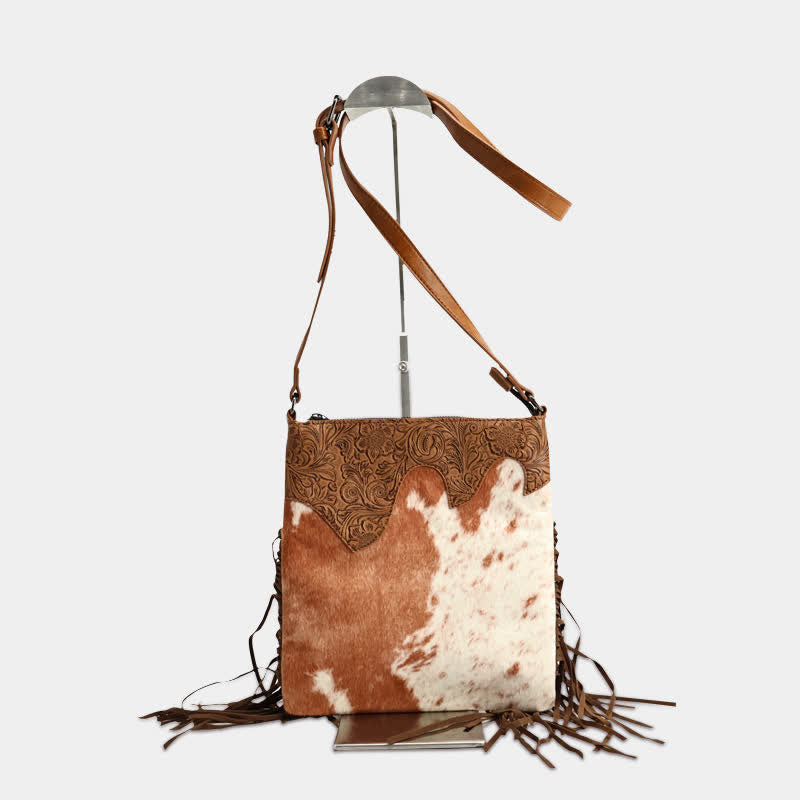 Sac bandoulière bohème à franges imprimé vache pour femme