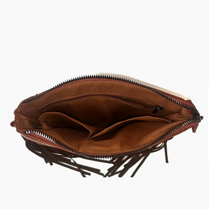 Sac bandoulière à franges pour femme, motif floral bohème gravé