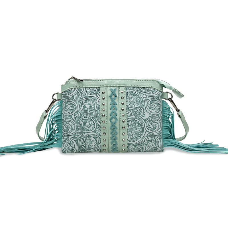 Sac bandoulière à franges pour femme, motif floral bohème gravé