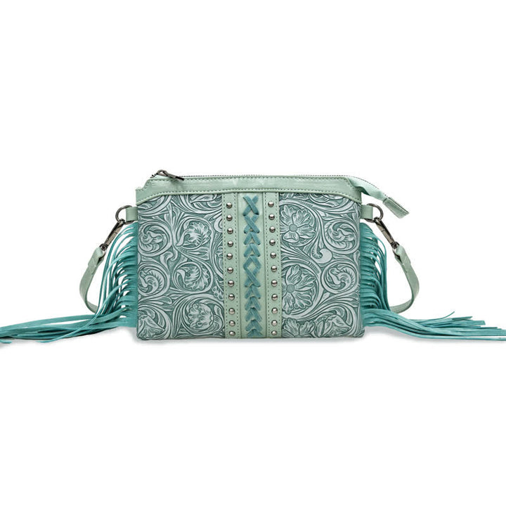 Sac bandoulière à franges pour femme, motif floral bohème gravé