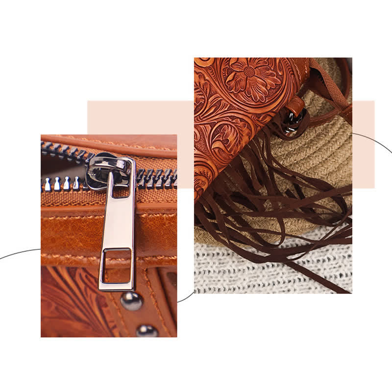 Sac bandoulière à franges pour femme, motif floral bohème gravé