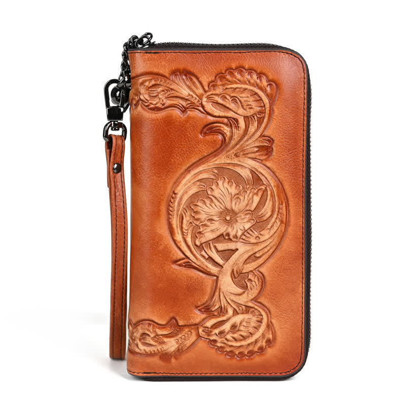 Portefeuille long en cuir à motif floral élégant pour femme avec dragonne