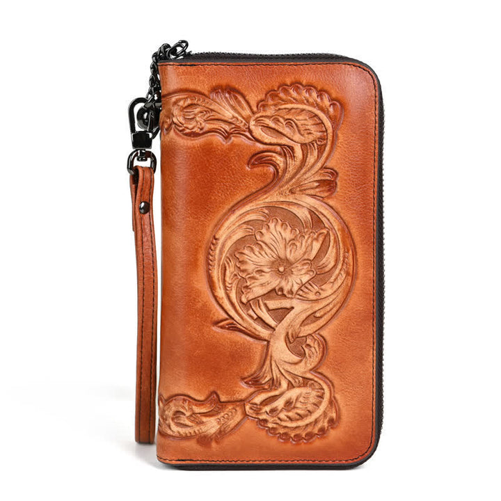 Portefeuille long en cuir à motif floral élégant pour femme avec dragonne