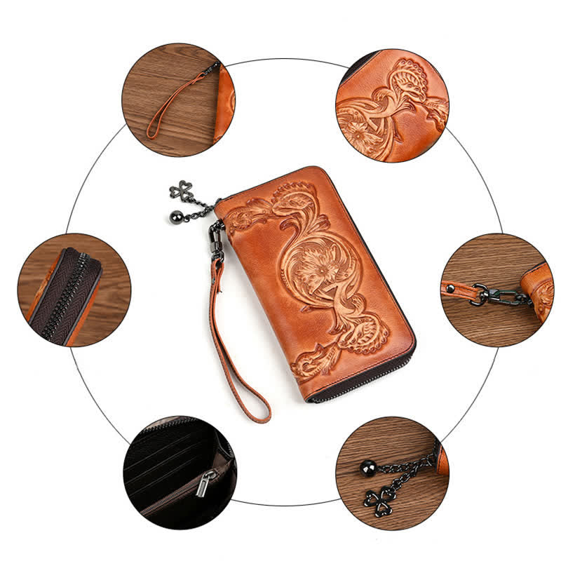 Portefeuille long en cuir à motif floral élégant pour femme avec dragonne