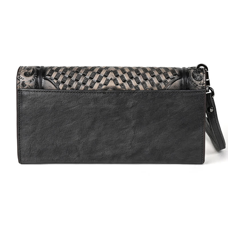 Portefeuille long en cuir à trois volets pour femme, motif floral, avec dragonne