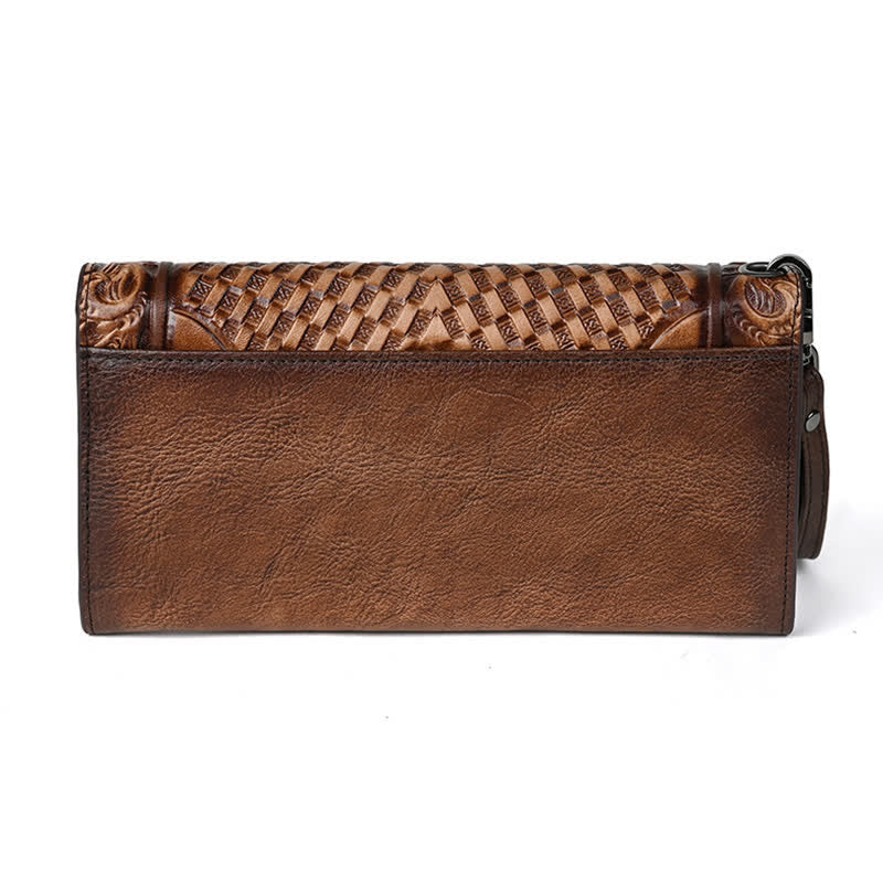 Portefeuille long en cuir à trois volets pour femme, motif floral, avec dragonne