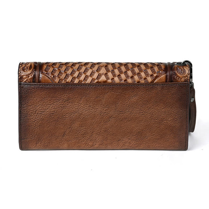 Portefeuille long en cuir à trois volets pour femme, motif floral, avec dragonne