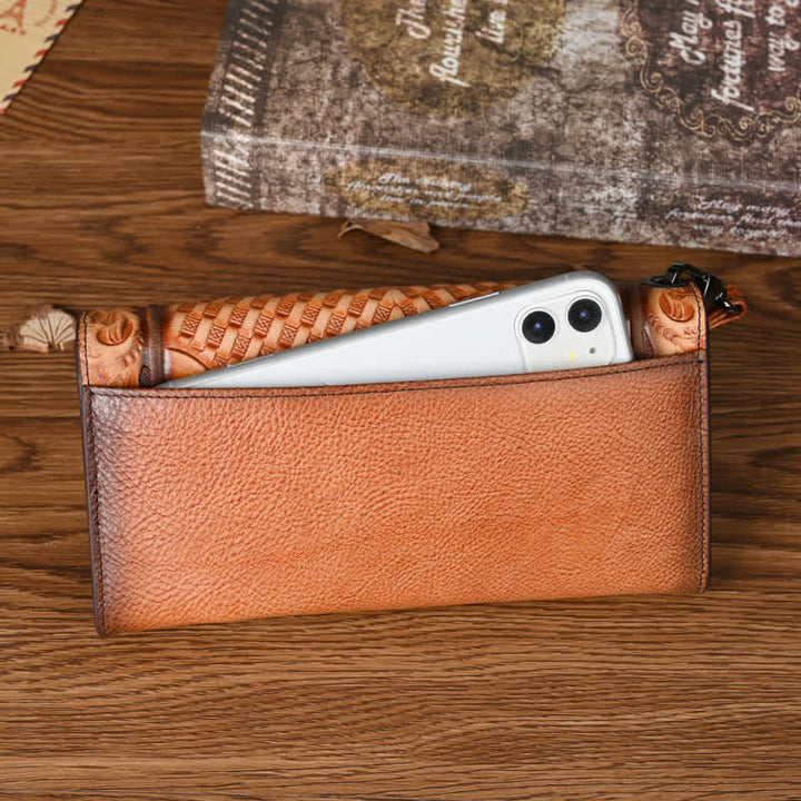 Portefeuille long en cuir à trois volets pour femme, motif floral, avec dragonne