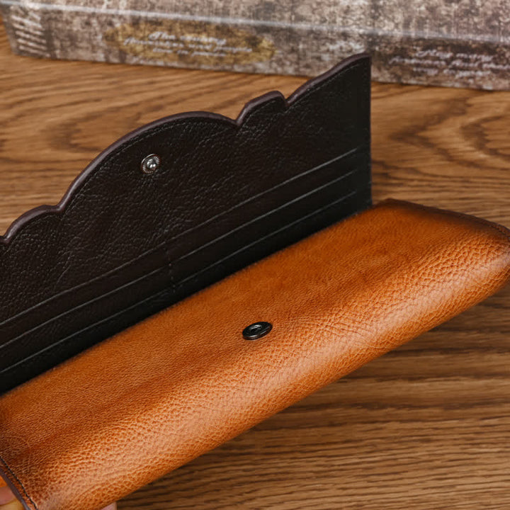 Portefeuille long en cuir à trois volets pour femme, motif floral, avec dragonne