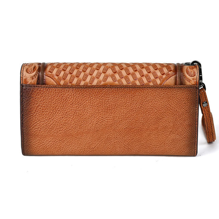 Portefeuille long en cuir à trois volets pour femme, motif floral, avec dragonne