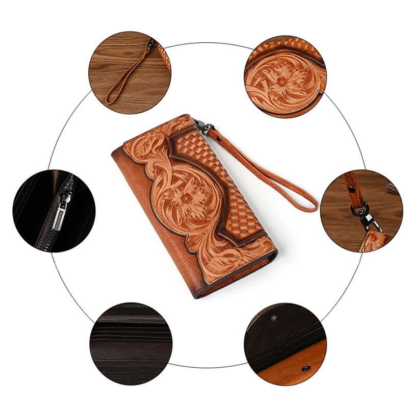 Portefeuille long en cuir à trois volets pour femme, motif floral, avec dragonne