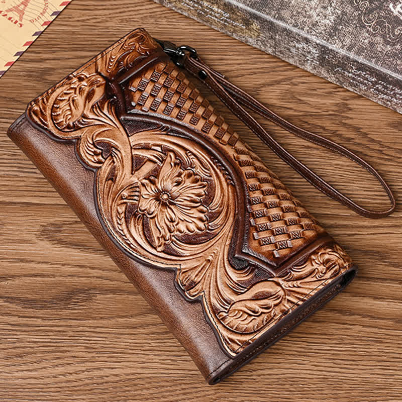 Portefeuille long en cuir à trois volets pour femme, motif floral, avec dragonne