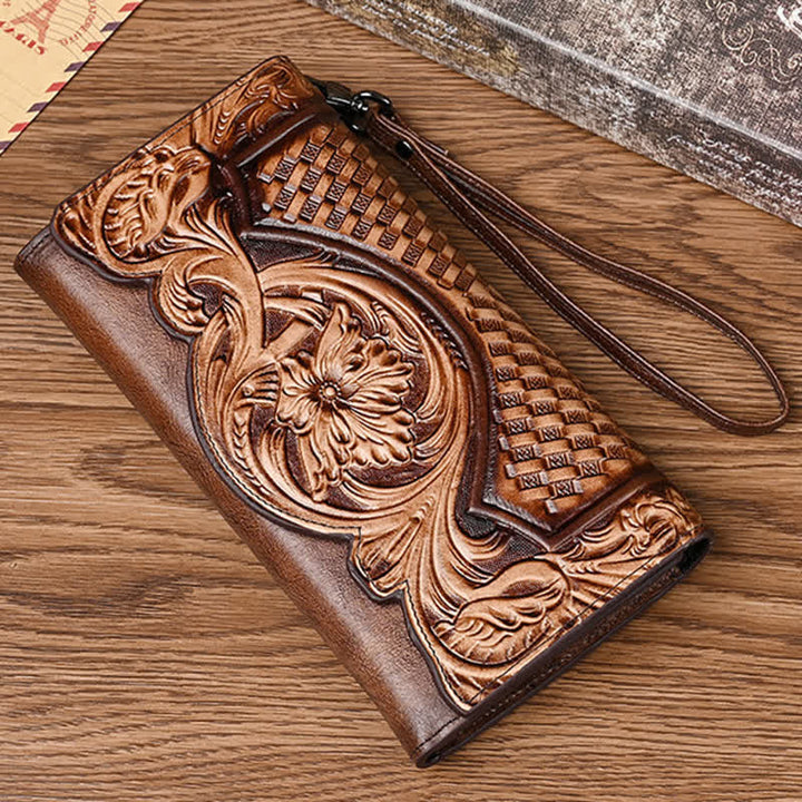 Portefeuille long en cuir à trois volets pour femme, motif floral, avec dragonne