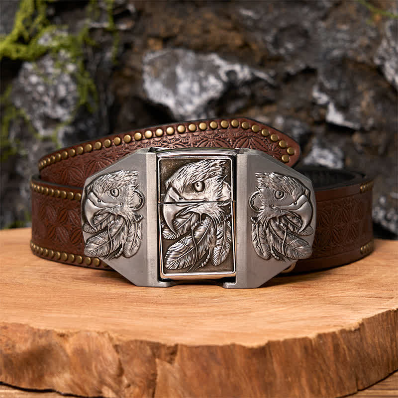 Ceinture en cuir argentée à triple aigle pour homme avec briquet dissimulé