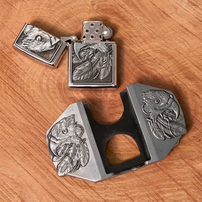 Ceinture en cuir argentée à triple aigle pour homme avec briquet dissimulé