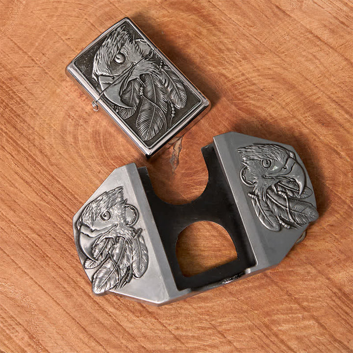 Ceinture en cuir argentée à triple aigle pour homme avec briquet dissimulé