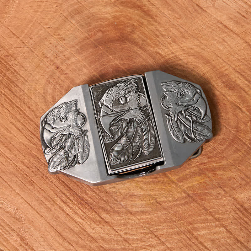 Ceinture en cuir argentée à triple aigle pour homme avec briquet dissimulé